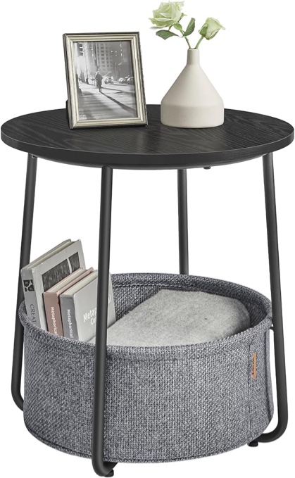 VASAGLE LILEA Collection - Small Round Side End Table, Modern Nightstand with Fabric Basket, Ebony Black and Slate black