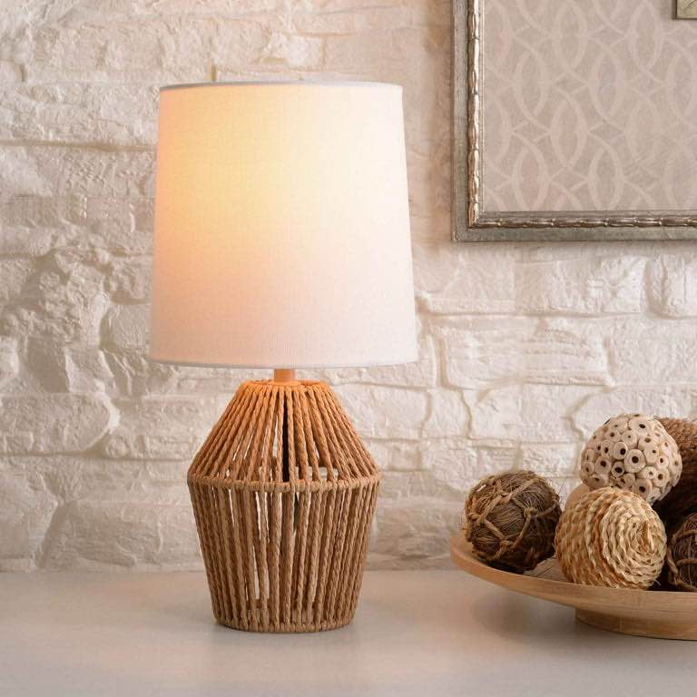 1pack) Mainstays Mini Rattan Table Lamp with Shade 12.75"H- Natural Color Finish and Boho Style