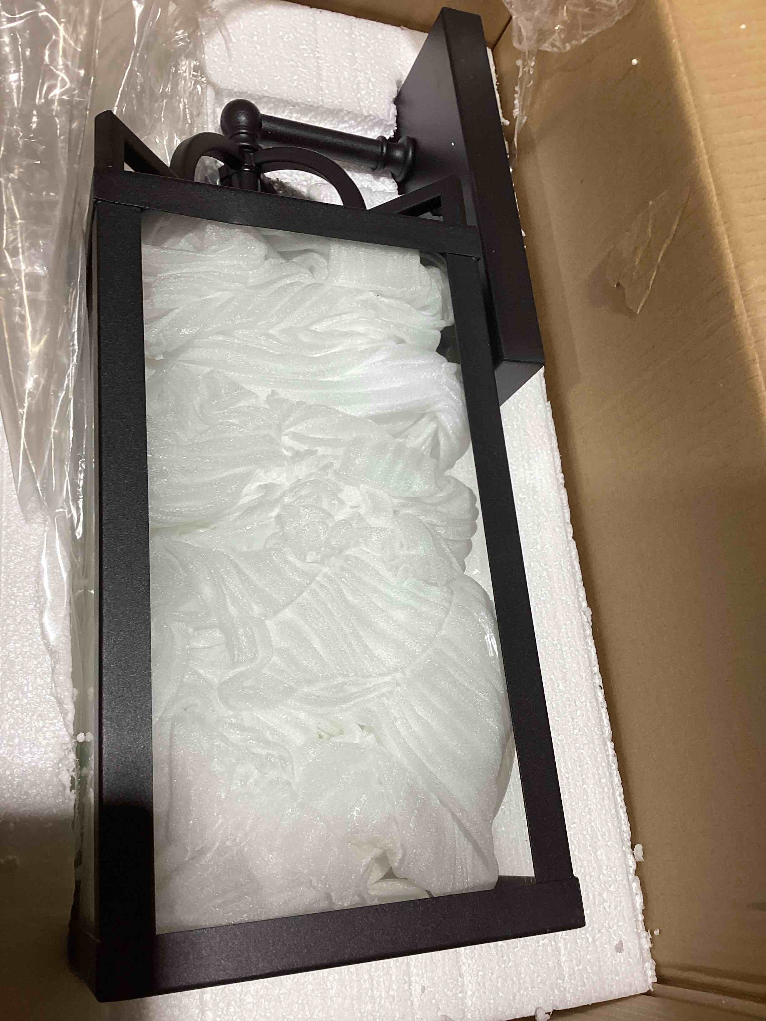 Condition photo showing New/Like New for wall lantern, exterior waterproof wall sconce light fixture, black anti-rust mount light with clear glass