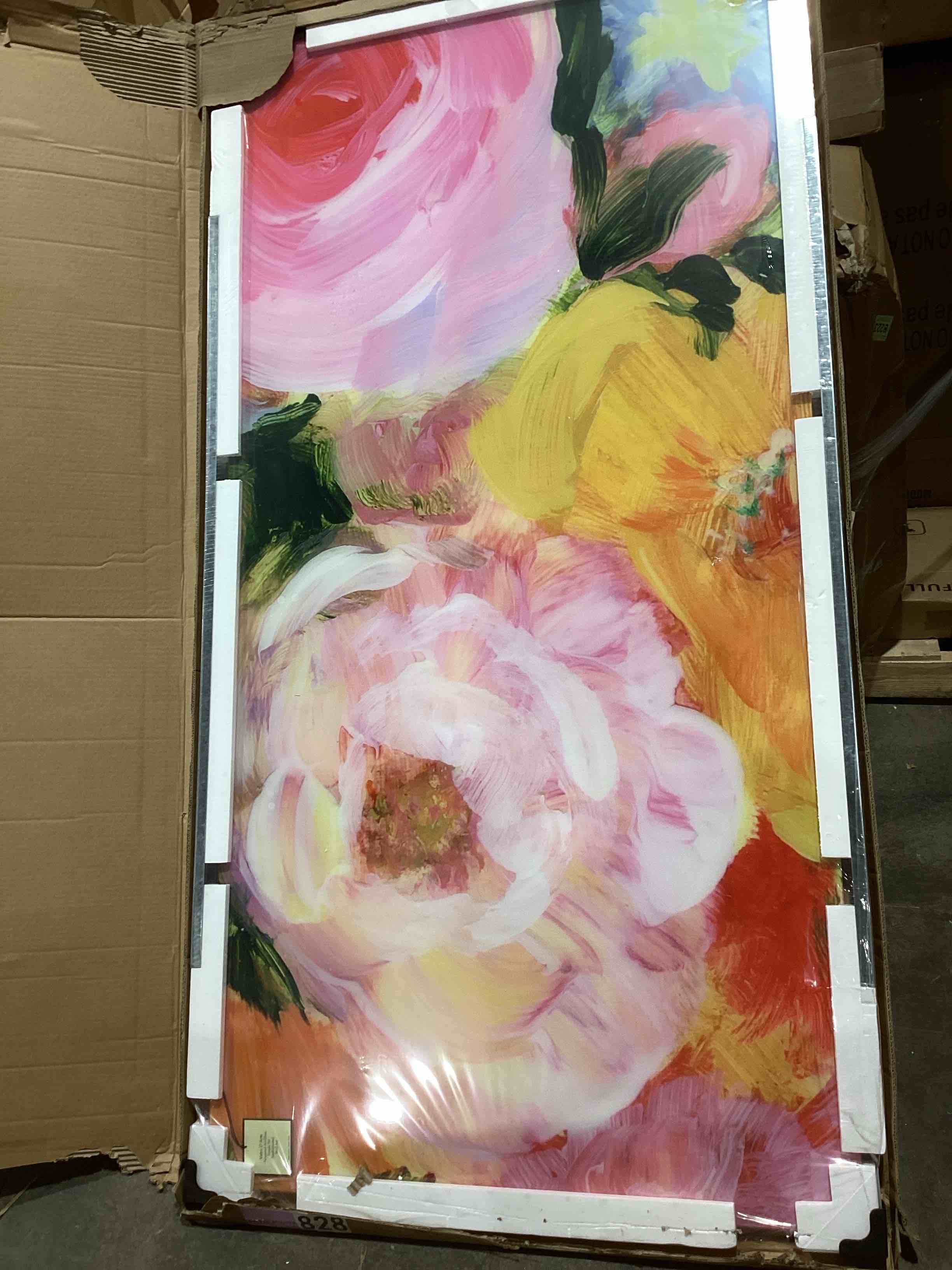 Condition photo showing New/Like New for blossoms in rouge & blush" oversized 72"x 36" free-floating reverse printed tempered art glass panel 