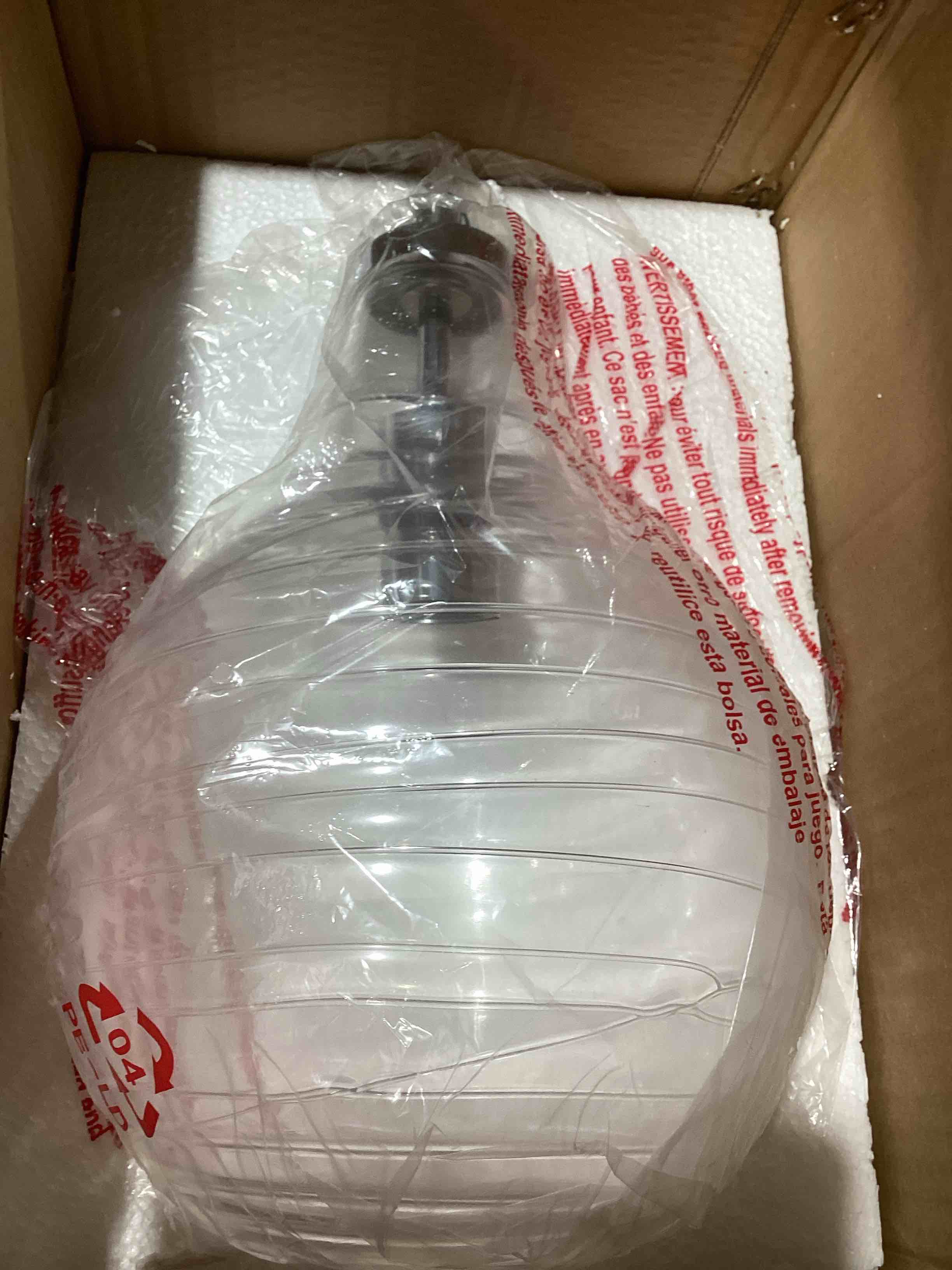 Condition photo showing New/Like New for quoizel genie mini pendant light, 9-inch 1-light polished chrome globe ceiling light, handmade ripple glass, max hanging height 51", light fixture for kitchen island, dining, hallway, bedroom or bar