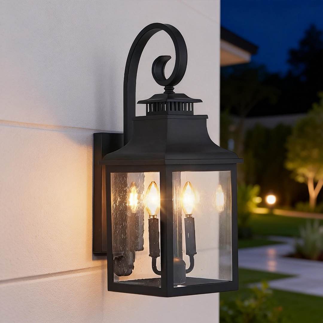 Outdoor Wall Lantern Light Vintage Black Metal Sconce with Clear Seeded Glass