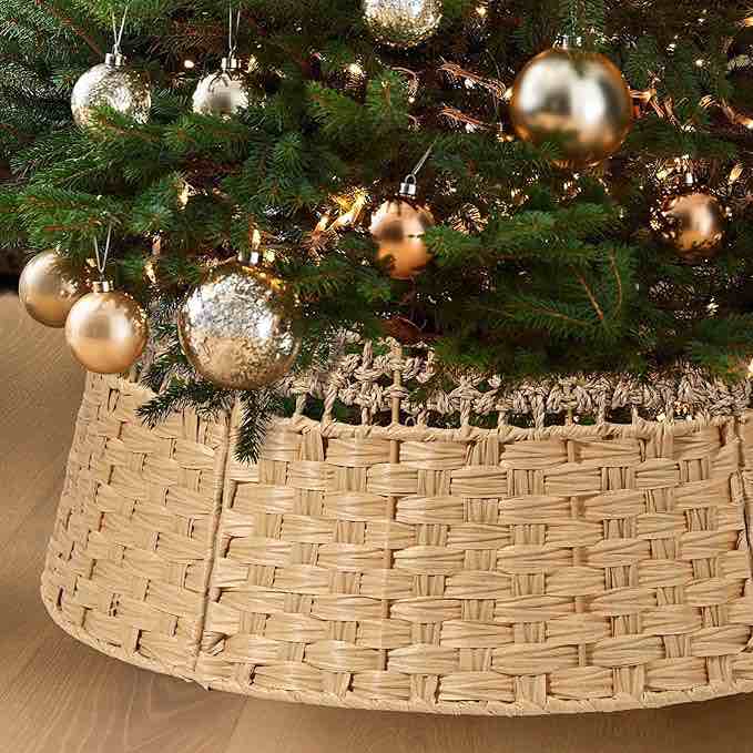 26in christmas tree collar, natural woven rustic & farmhouse holiday decoration, 5-piece rattan tree skirt ring accessory for xmas artificial trees(khaki)