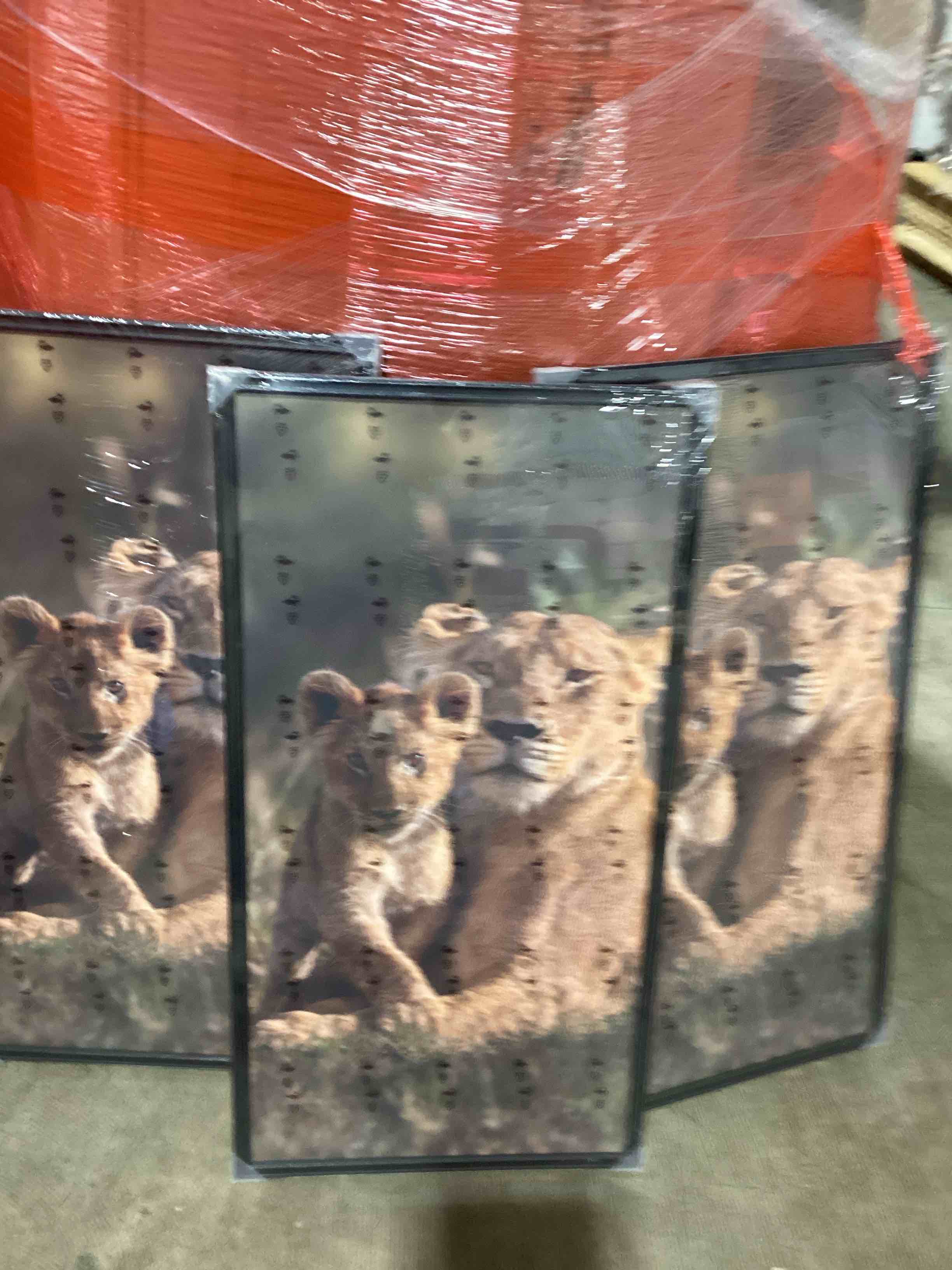 Condition photo showing As Is for lion family love canvas wall art for living room decoration, warm safari sunset animal print, african wildlife poster painting for home decor bedroom wall pictures (black framed,12“lx16 w) 3 pieces