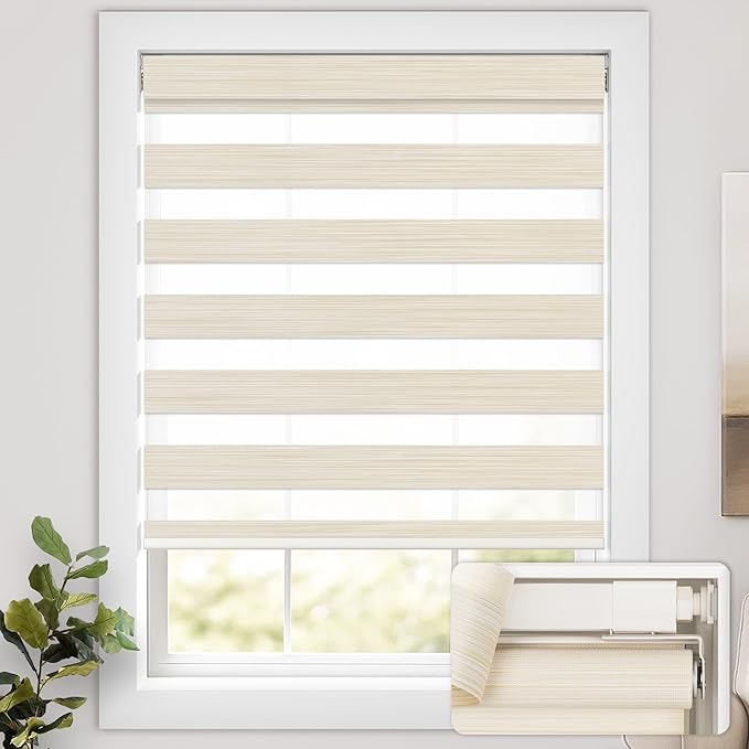 no drill cordless zebra blinds for windows, linen high precision fabrics, 21" w x 64" h linen - beige