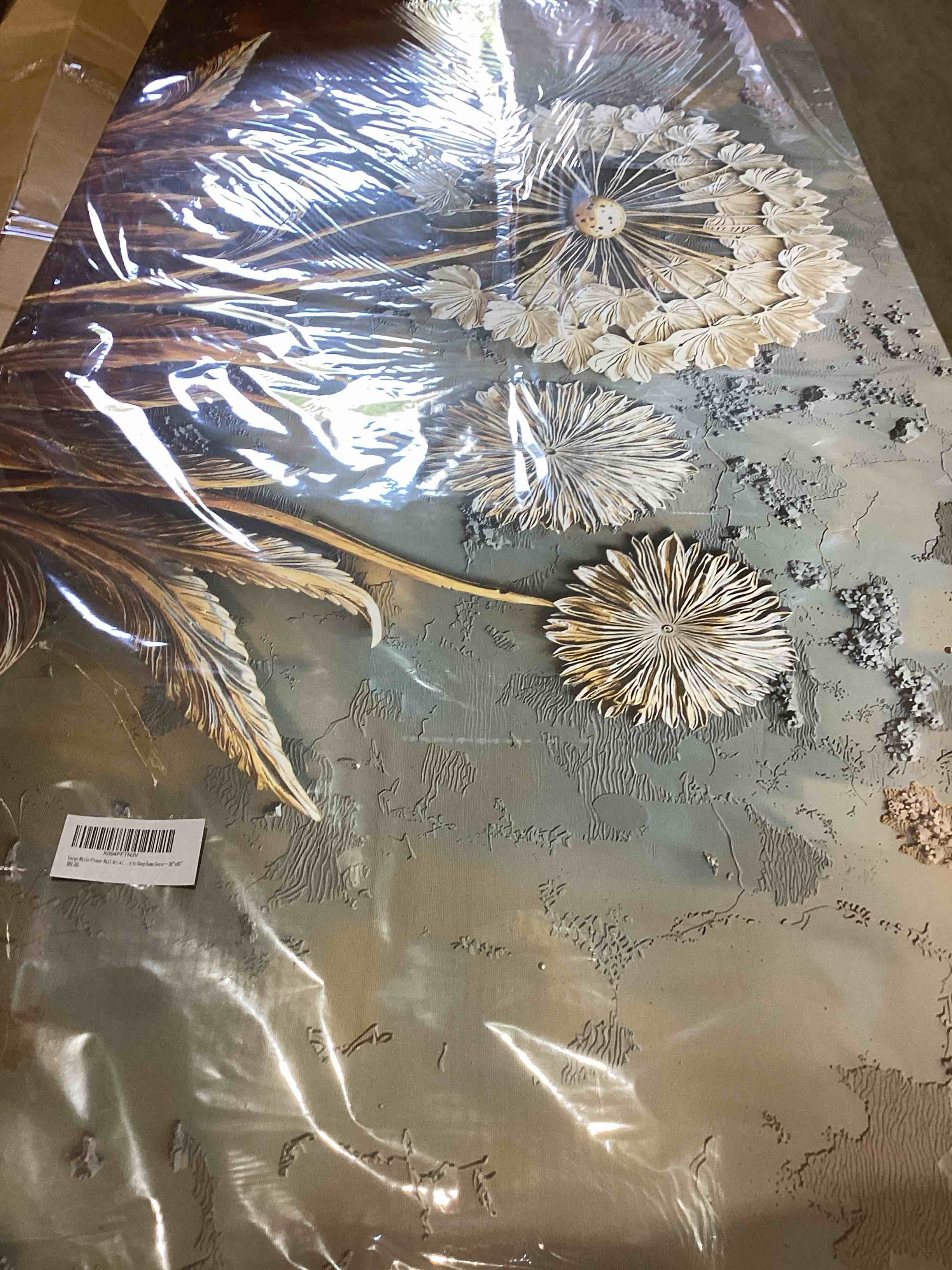 Condition photo showing New/Like New for large white flower wall art with taupe background elegant flower framed floral canvas print for living room, bedroom, dining room, home office modern ready to hang home decor - 30"x60" 58"l x 28.5"w 013-flower