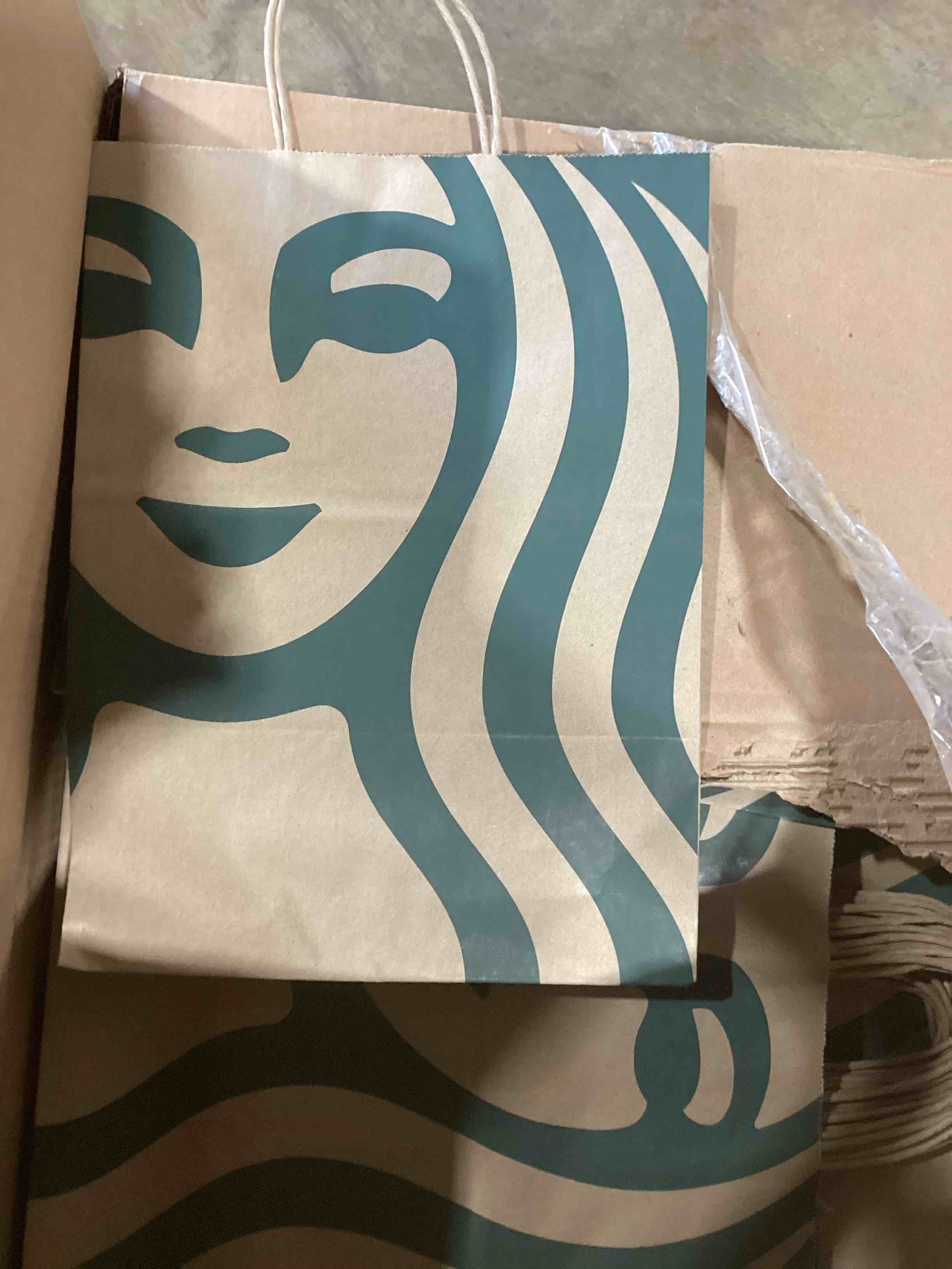 Condition photo showing Good Condition for kraft recycle paper bag, 11"x8.5"x14.75" starbucks 250 recycled brown paper shopping lunch gift bags w/ handles