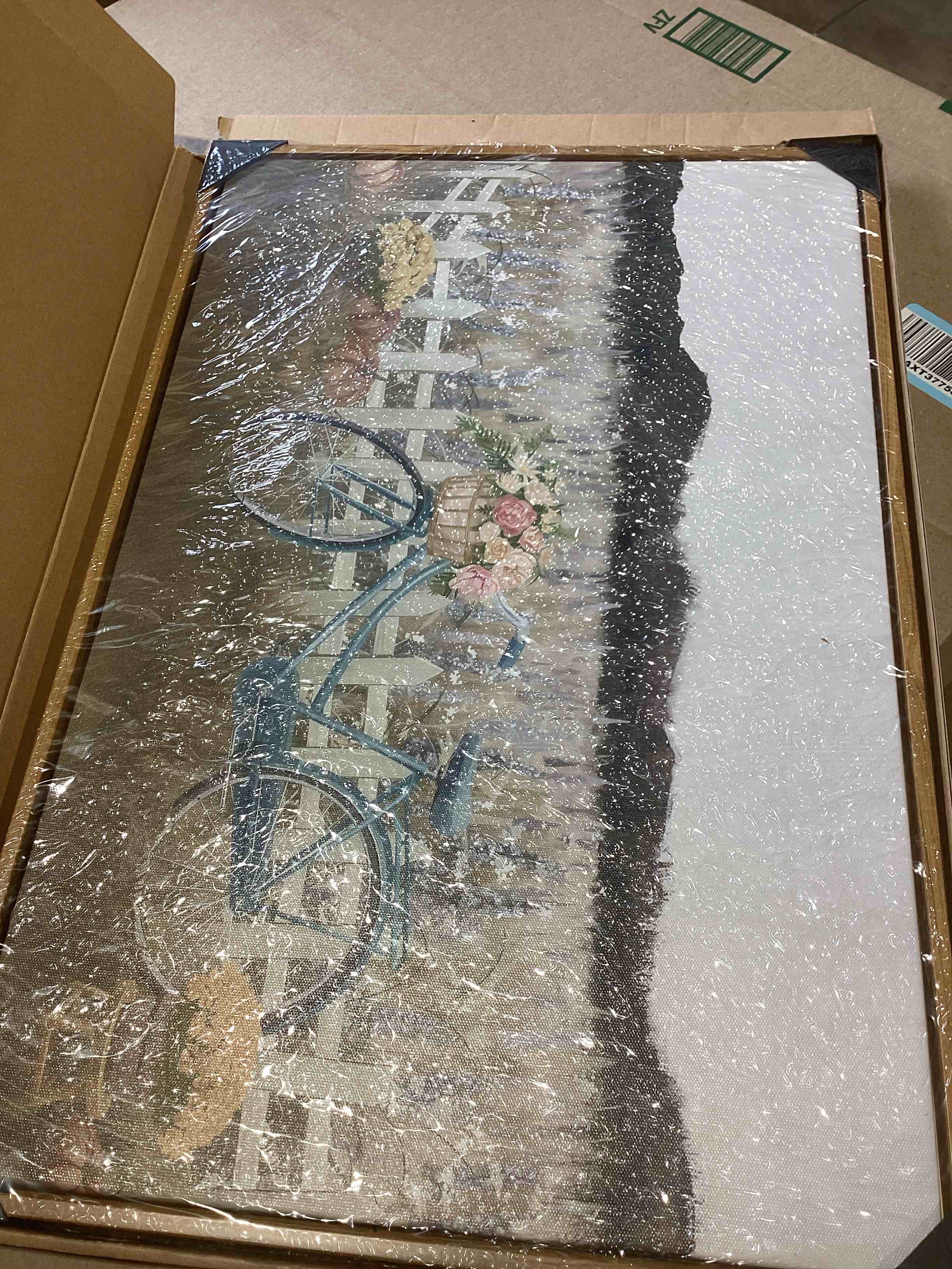 Condition photo showing New/Like New for floating framed canvas wall art, vintage blue bicycle flower basket wall decor, country nature landscape wildflower poster print paintings for bathroom living room bedroom home decor 8x10 inch blue bicycle floating 10"l x 8"w