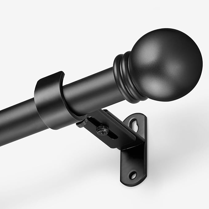 curtain rods for windows 16 to 48 inches, curtain rod max adjustable length of 60 in, 1" diameter drapery rods round finials, black, pack of 1