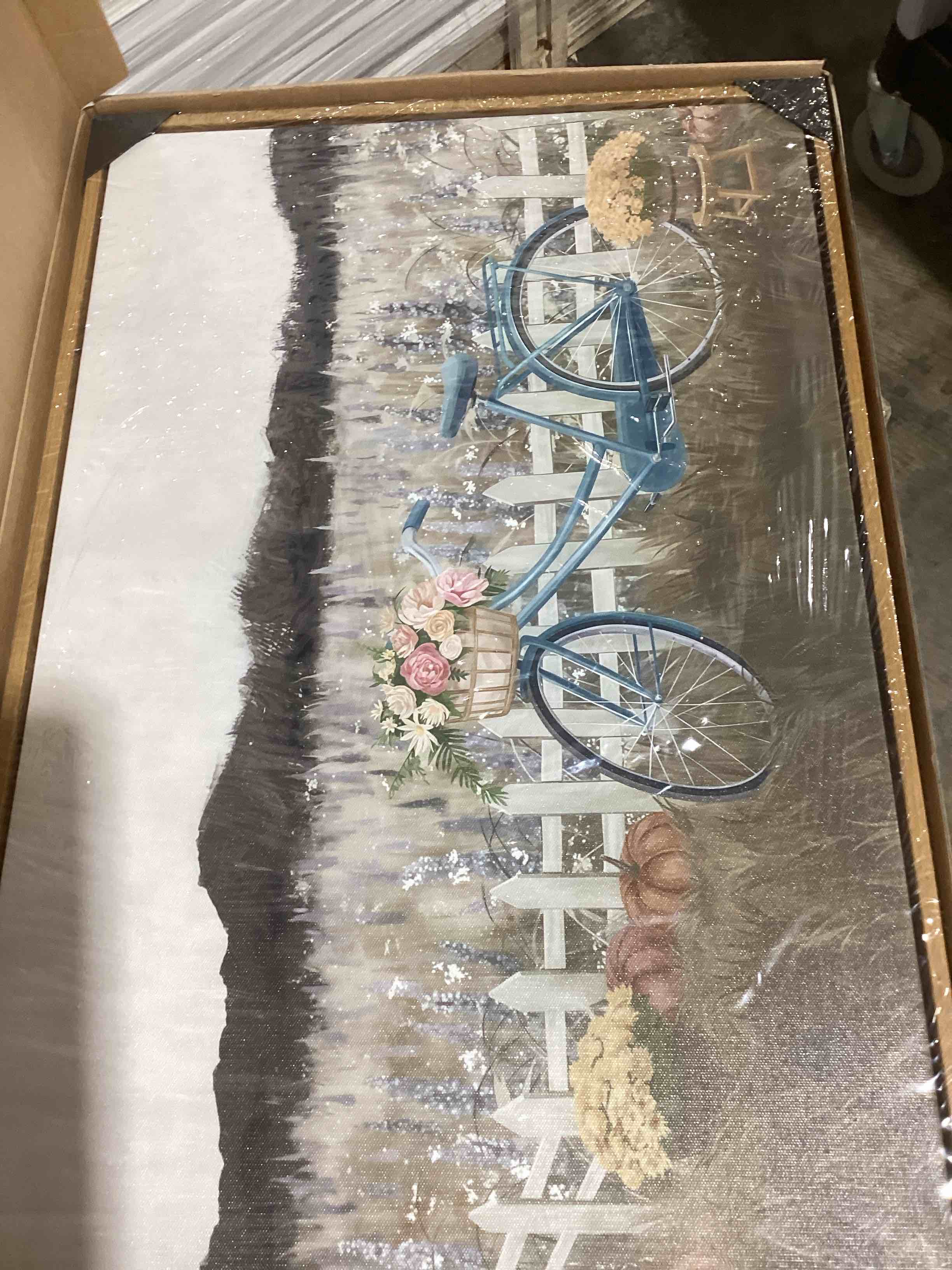 Condition photo showing New/Like New for floating framed canvas wall art, vintage blue bicycle flower basket wall decor, country nature landscape wildflower poster print paintings for bathroom living room bedroom home decor 8x10 inch blue bicycle floating 10"l x 8"w