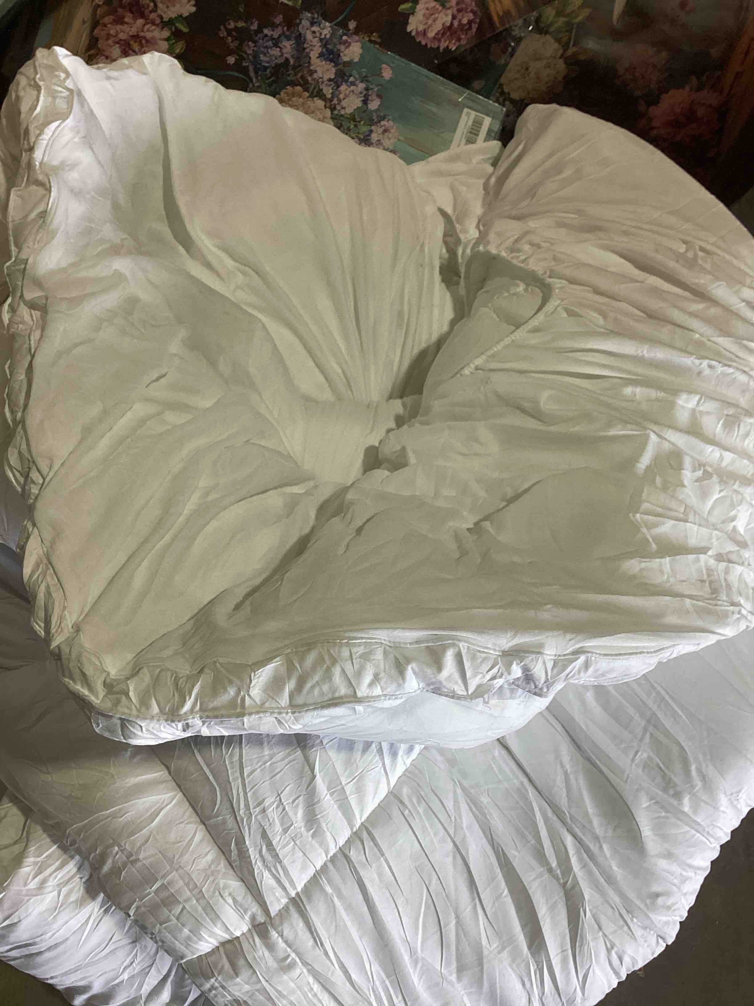 Condition photo showing As Is for 100% polyesterdeep pocket mattress protector size 78inx80 inthin down alternative filling noiseless & breathable  thin