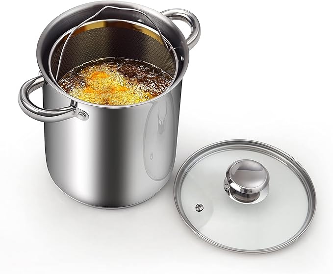 cook n home deep fryer pot, japanese tempura small stainless steel deep frying pot, 304 stainless steel with oil drip drainer rack, glass lid, 6.3 inch/ 4quart, for kitchen french fries, chicken