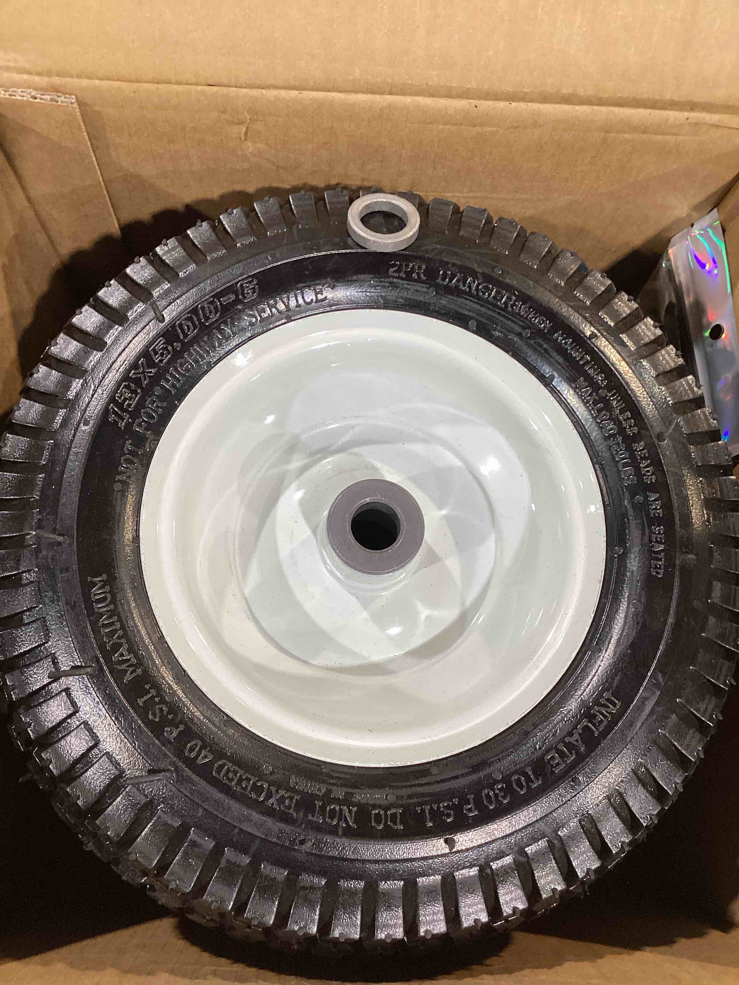 Condition photo showing Good Condition for parts camp 13x5.00-6 tire and wheel pneumatic lawn mower tires with 3/4" bearing and 3" to 4.5" centered hub, for 13x5x6 riding mowers (2 packs)