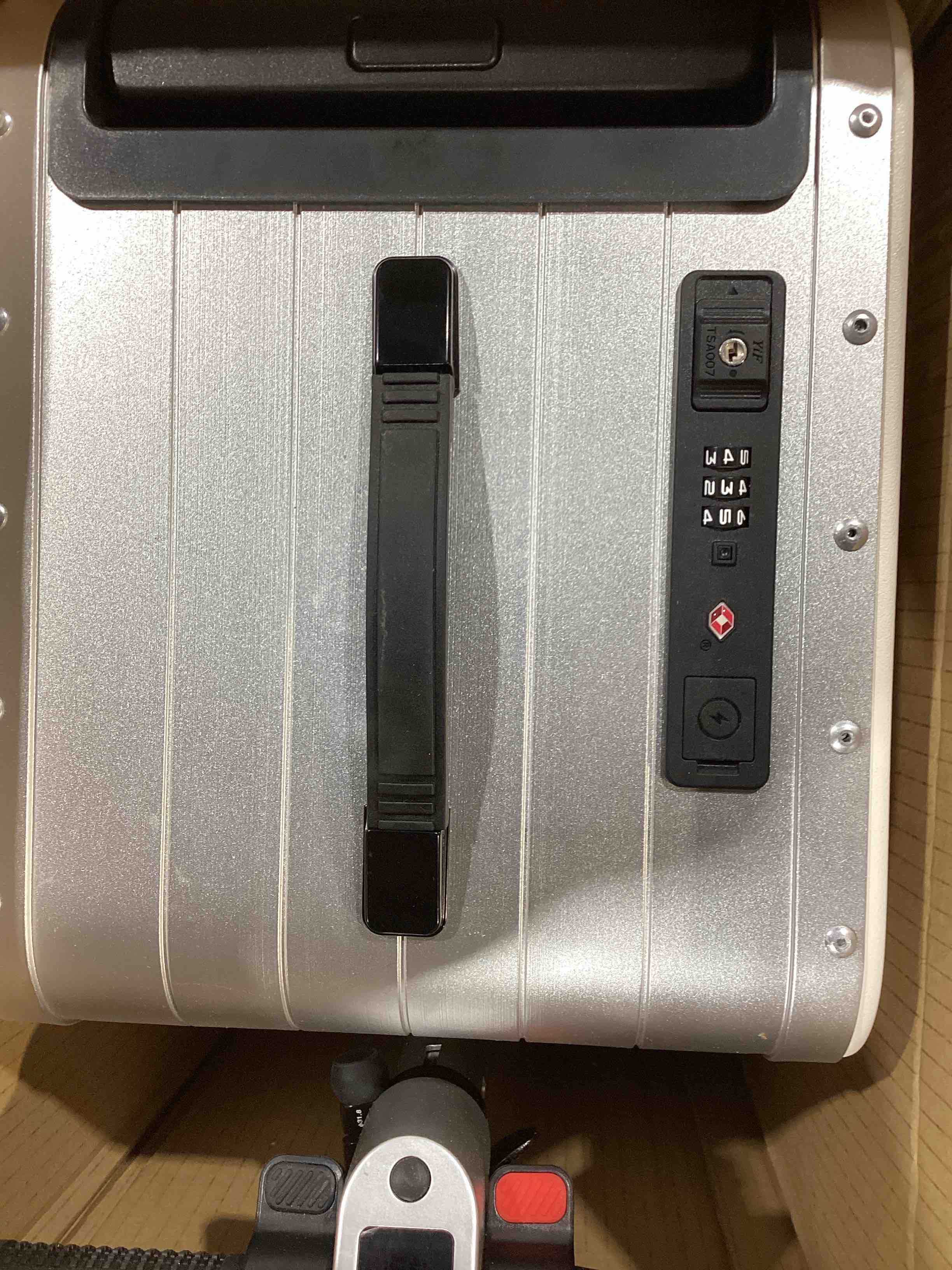 Condition photo showing As Is for silver rideable suitcase for adults & kids, 20" carry on electric luggage with 250w motor, 8 mph, 5 miles range, removable battery, tsa lock, usb charging, max load 240 lbs