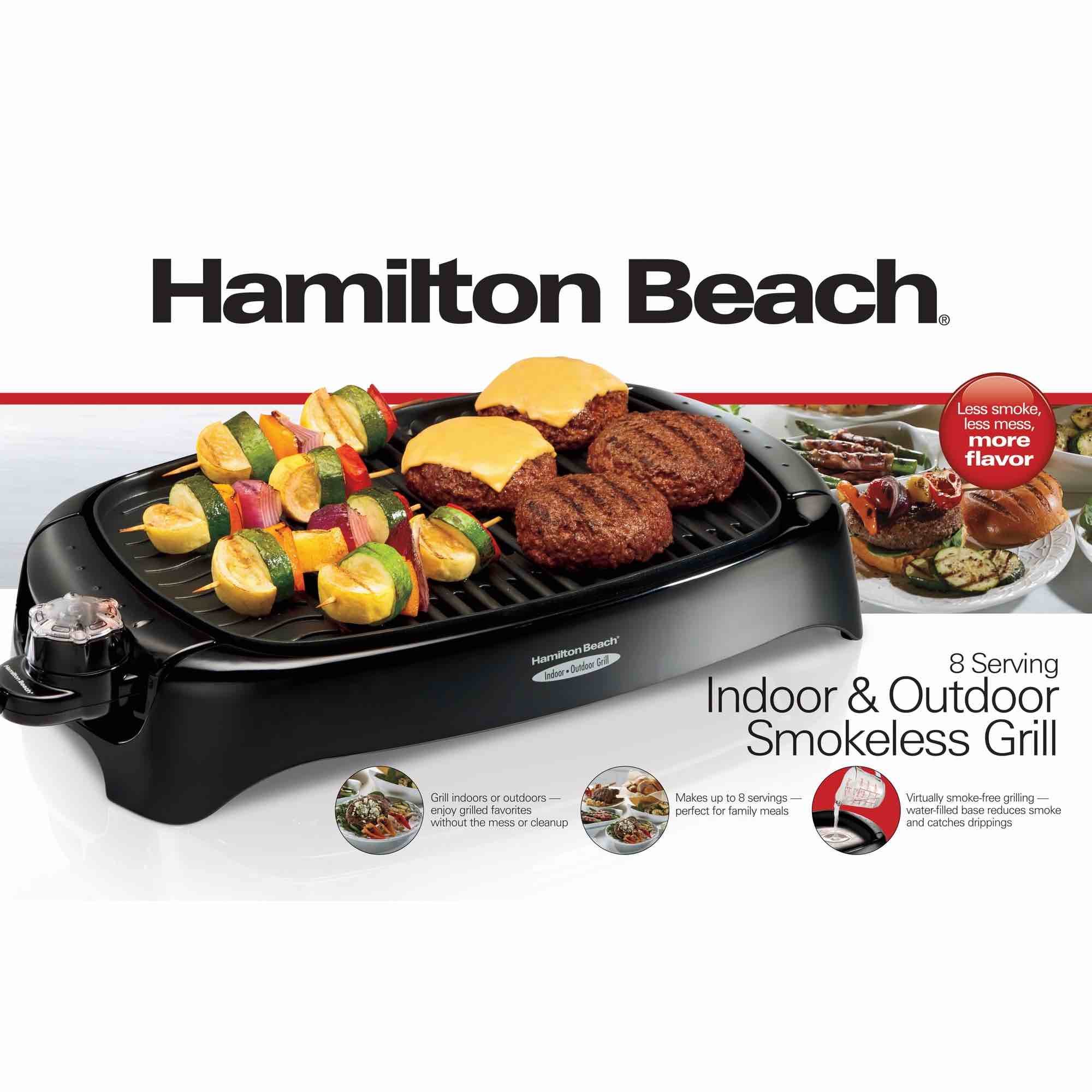 Hamilton Beach 8 Serving Indoor & Outdoor Smokeless Electric Grill, Nonstick Surface, Adjustable Temperature Control, 1200 Watts, 31605N