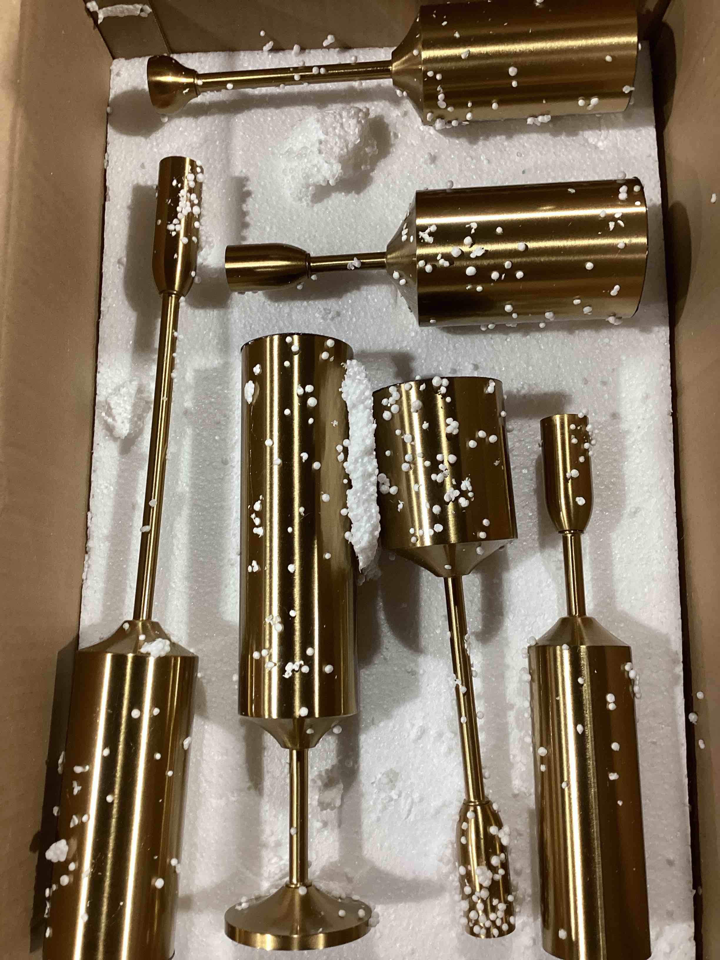 Condition photo showing New/Like New for set of 6 golden candle holders for taper candles, modern decorative candlestick holder for table, centerpiece for wedding, dinning, party, fits thick & led candles