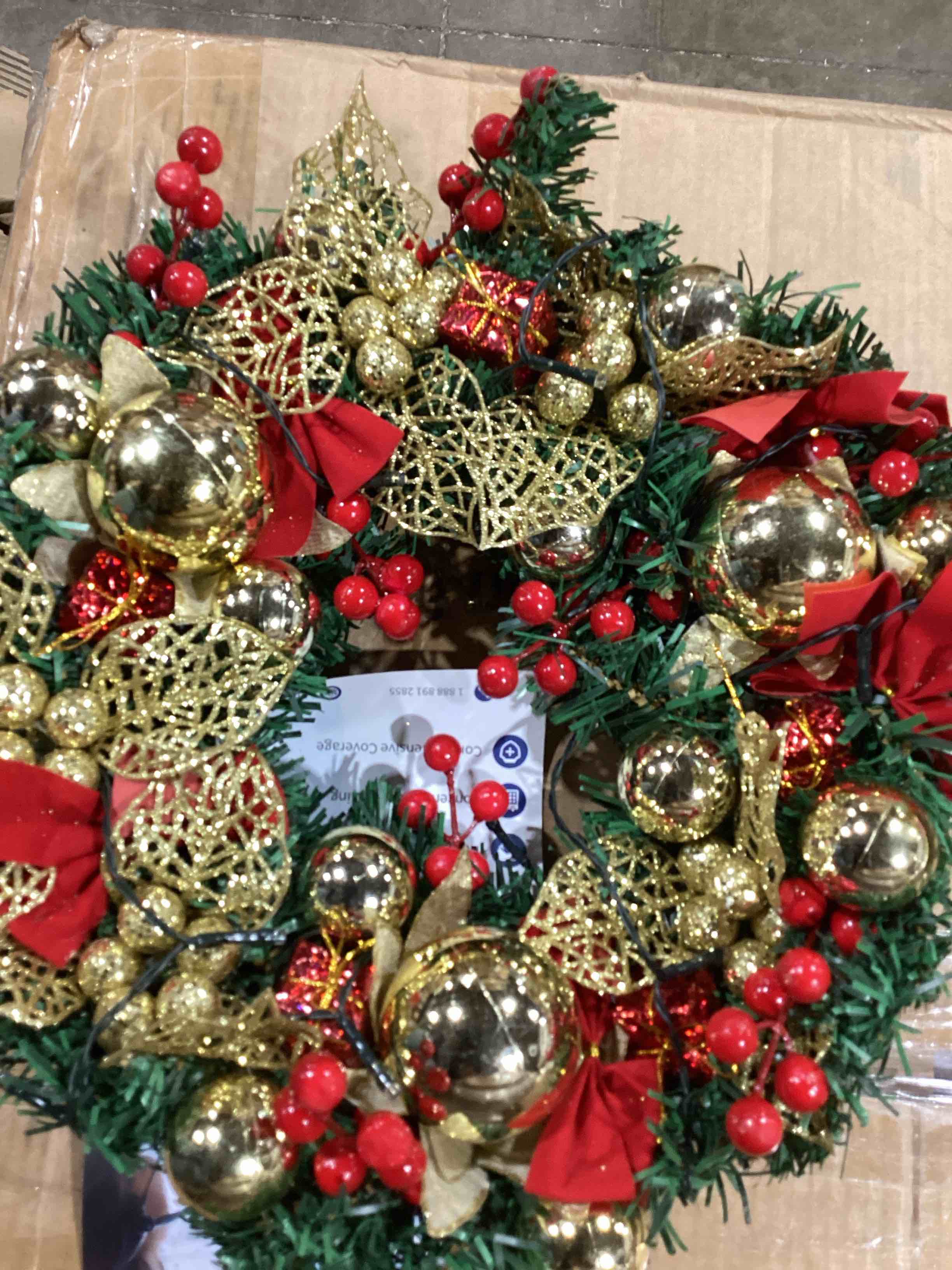 Condition photo showing New/Like New for cuisinsmart 18" christmas artificial garland for front door, with red berries,gold ball ornaments & leaves,christmas wreath holiday decor 0 out of 5 stars with 0 reviews be
