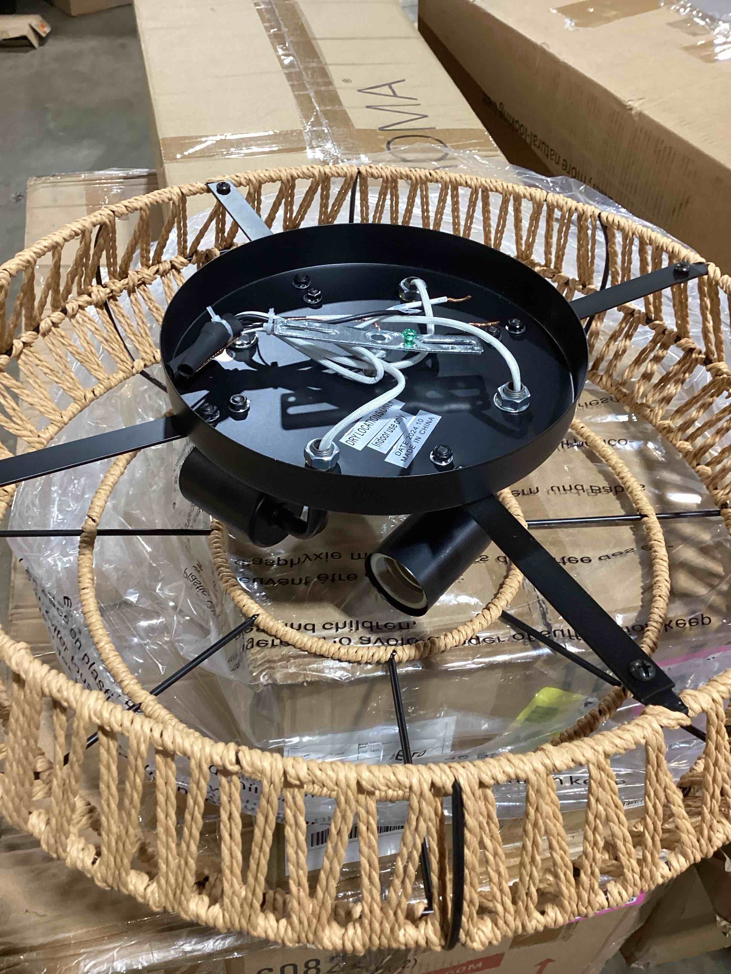 Condition photo showing New/Like New for 19"4-light mattewhite flush mount ceiling light with rattan shade 