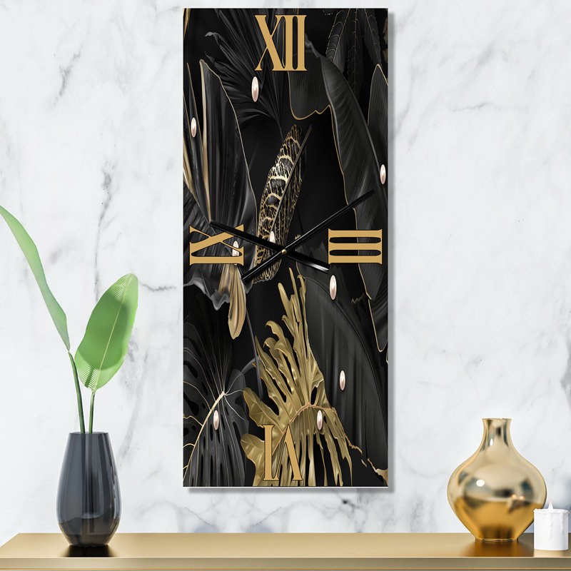 Black and Gold Tropical Leaves III - Modern Wall Clock 4394774301