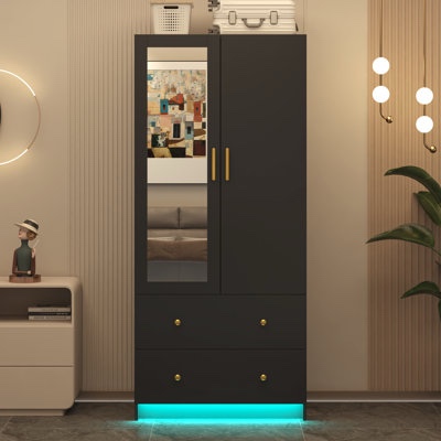 Modern 2-Door Wardrobe With Mirror, 2 Drawers & Rigb Led Light 