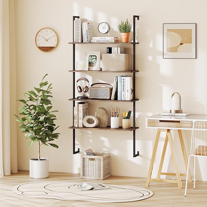 Tangkula 4-Tier Wall-Mounted Bookshelf, Industrial Floating Storage Display Shelves with Metal Frame, Wall-Mounted Ladder Wooden Bookcase for Living Room, Kitchen, Bar, Office (1, Brown)