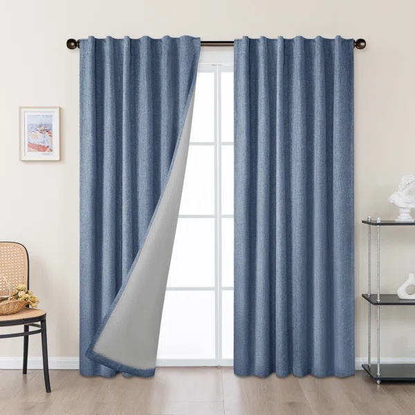 Linen Texture Two -Tone 100% Blackout Back Tab Curtain Pair  color blue 