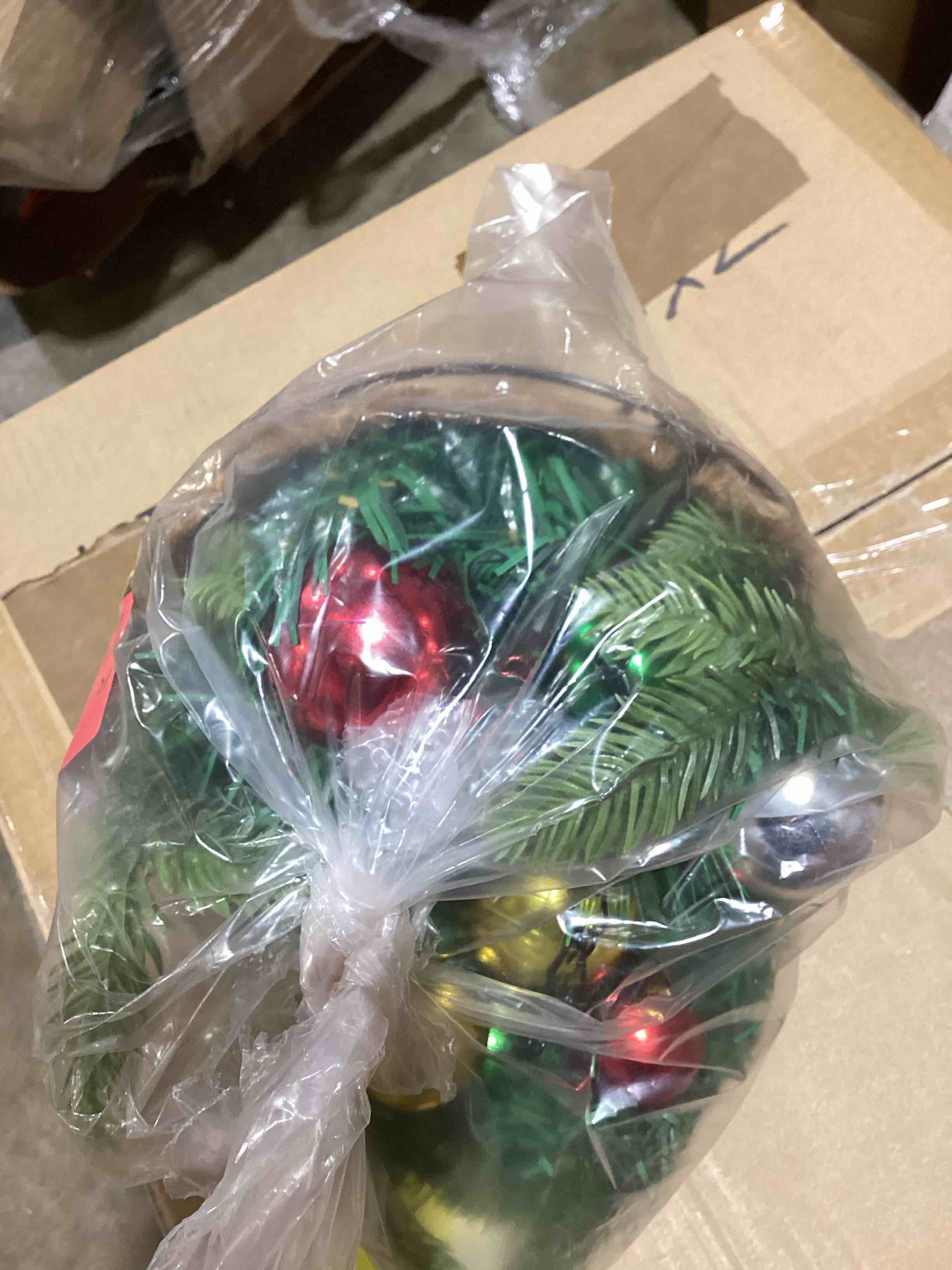 Condition photo showing New/Like New for artificial christmas hanging basket, decorated with fred pine co