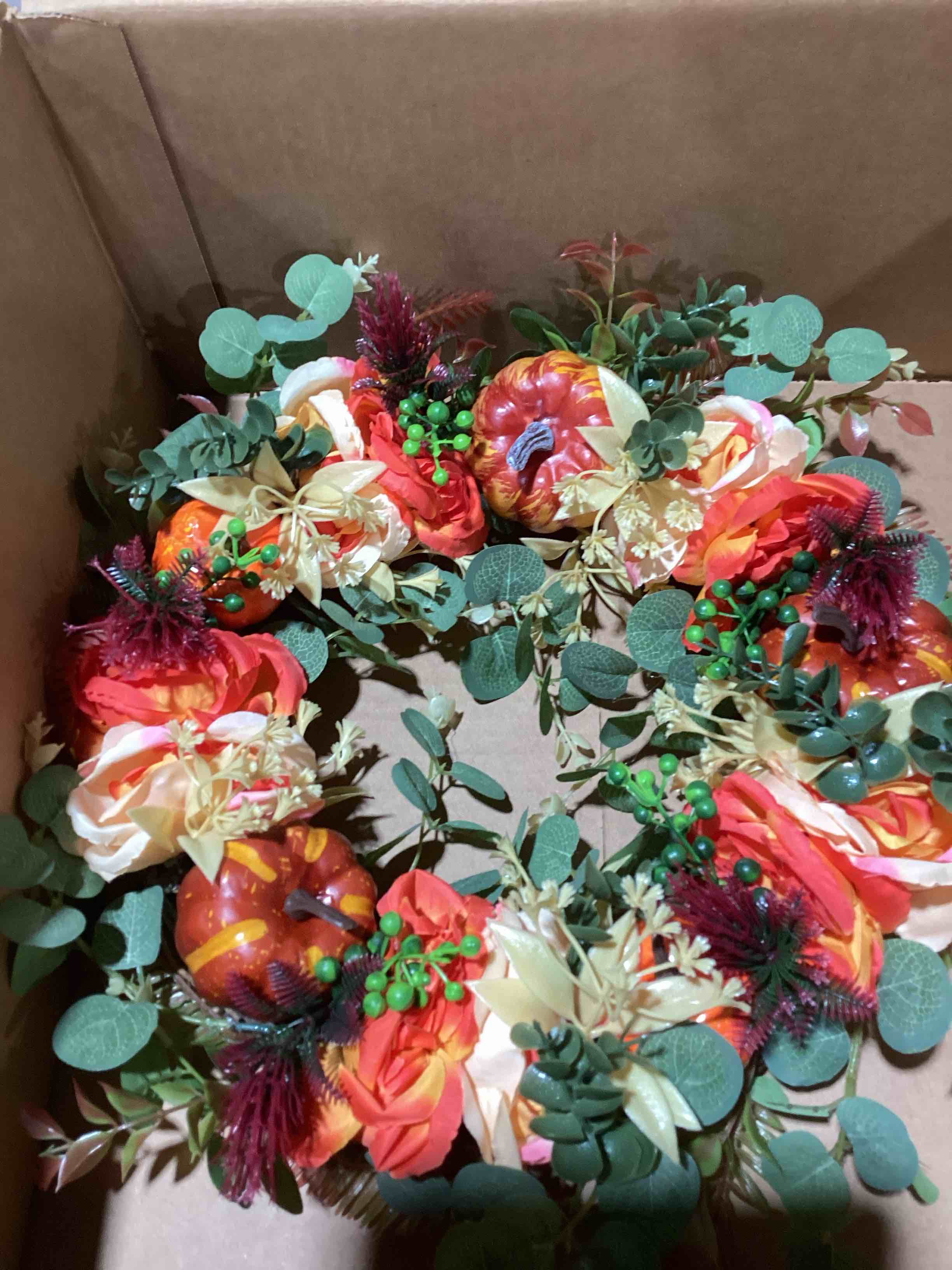 Condition photo showing New/Like New for fall peony and pumpkin wreath year round, farmhouse front door decor with maple leaves and berries, all-season indoor outdoor home wreath