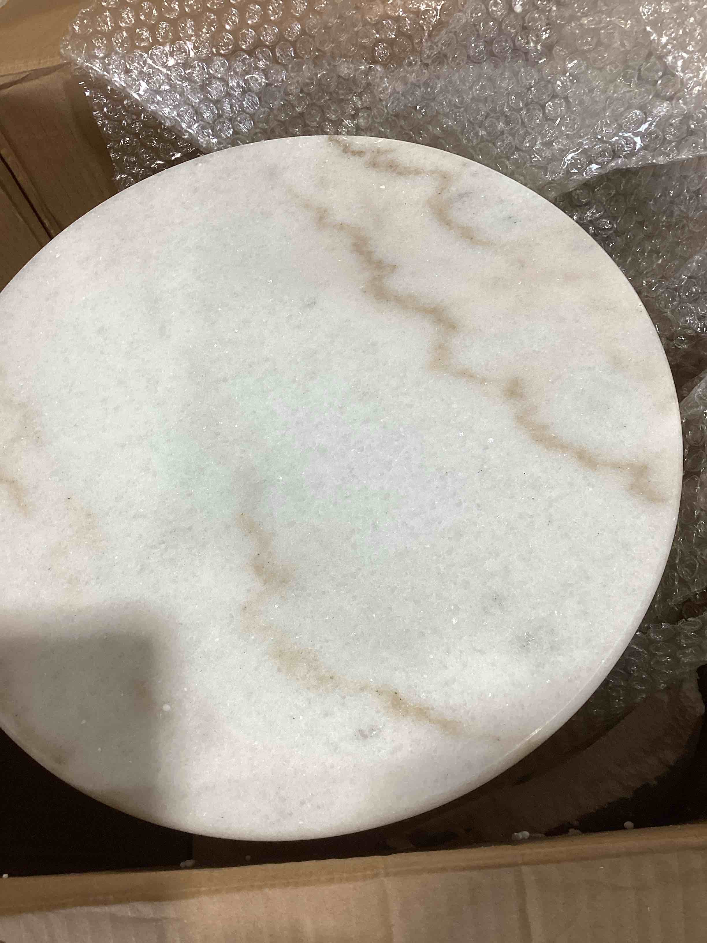 Condition photo showing New/Like New for baxton studio tarmon metal end table with marble tabletop gold: chic, symmetrical design, no assembly required
