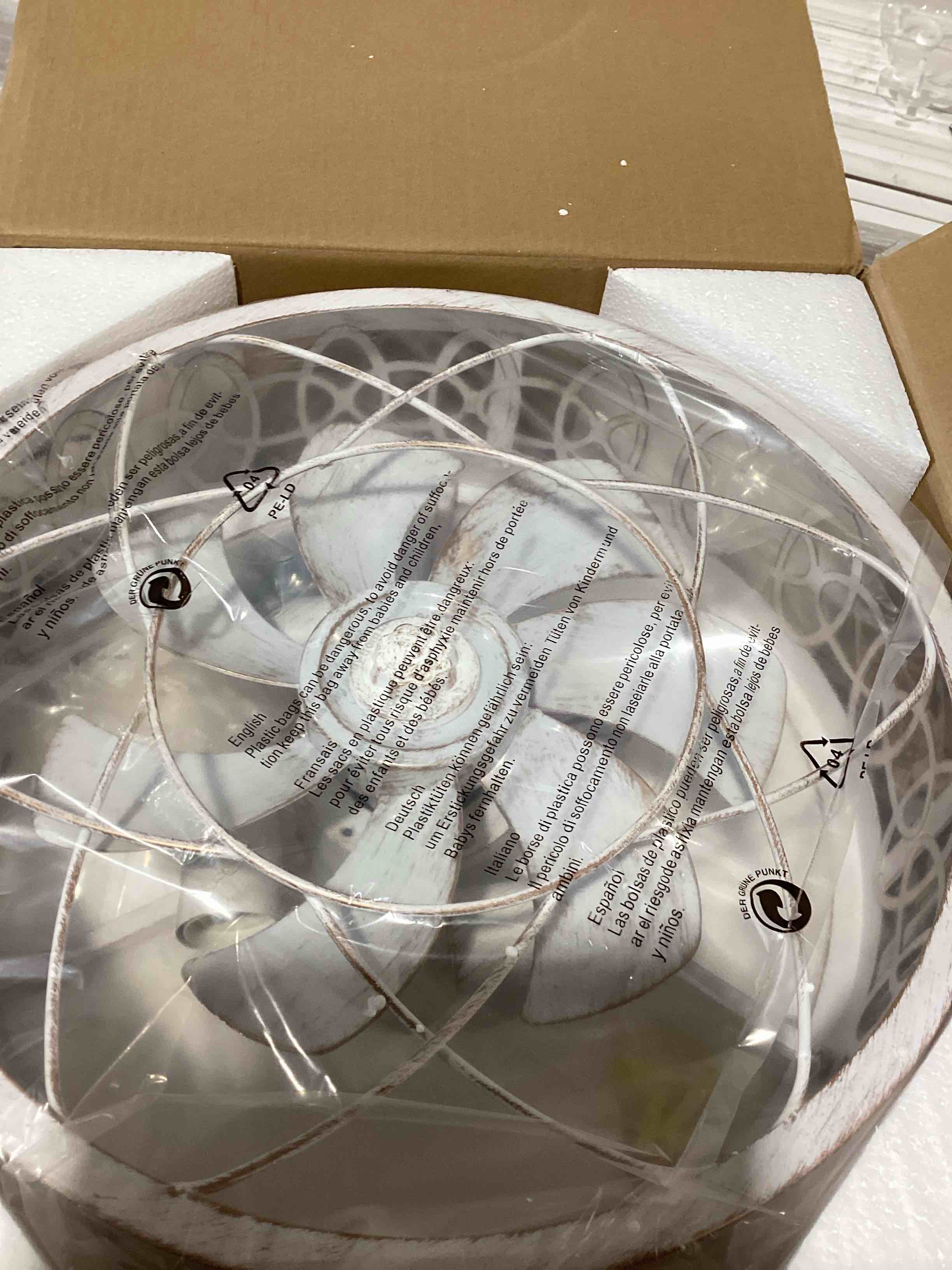 Condition photo showing New/Like New for kretzmer 16.5" flush mount caged ceiling fan with light and remote