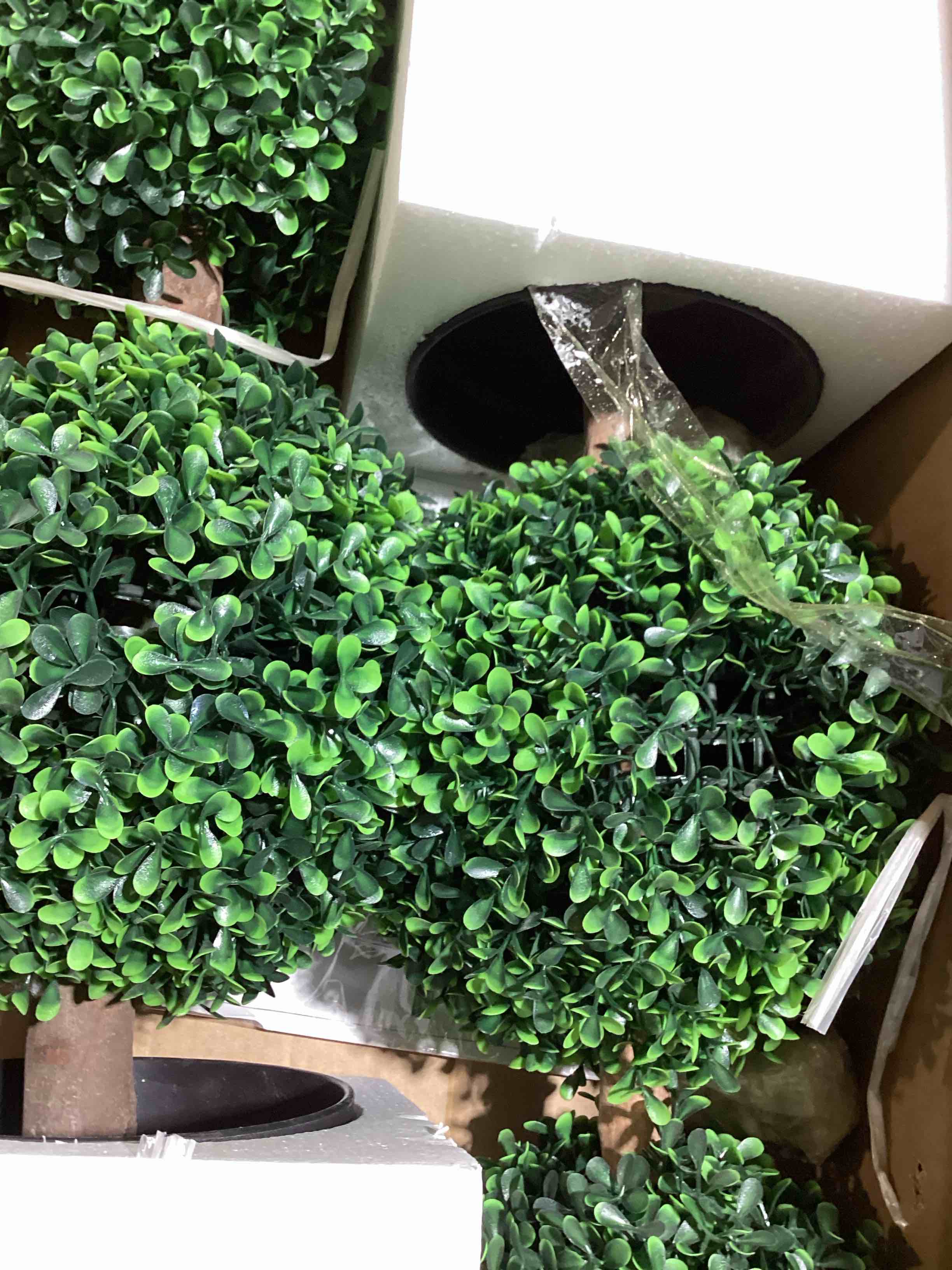 Condition photo showing New/Like New for homcom set of 2 23.5" artificial ball boxwood topiary trees with pot, indoor outdoor fake plants for home office & living room decor