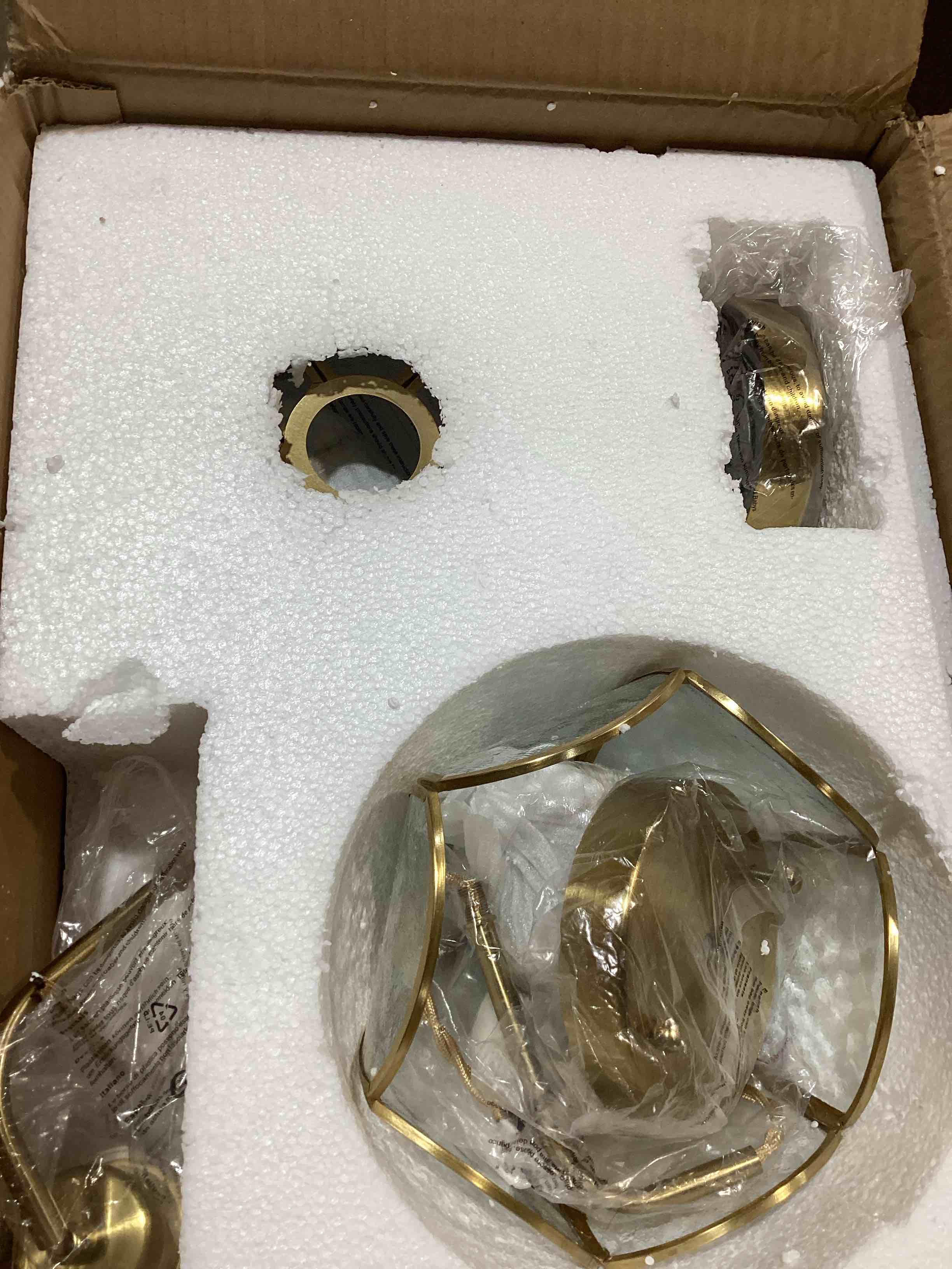 Condition photo showing New/Like New for battery operated armed wall sconce with tulip glass shade, remote set 2 