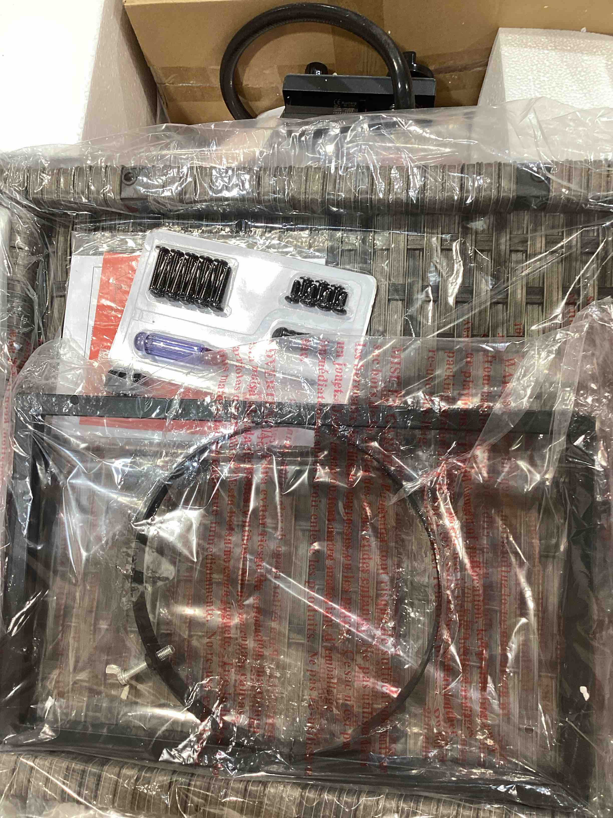 Condition photo showing New/Like New for 30-inch square gray wicker propane fire pit table 