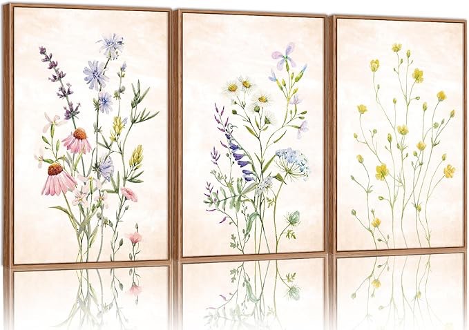 signinart watercolor wildflower framed canvas wall art set of 3, boho botanical spring floral wall decor, colorful minimalist plant art prints for farmhouse living room, bedroom, office, bathroom 16"x24"