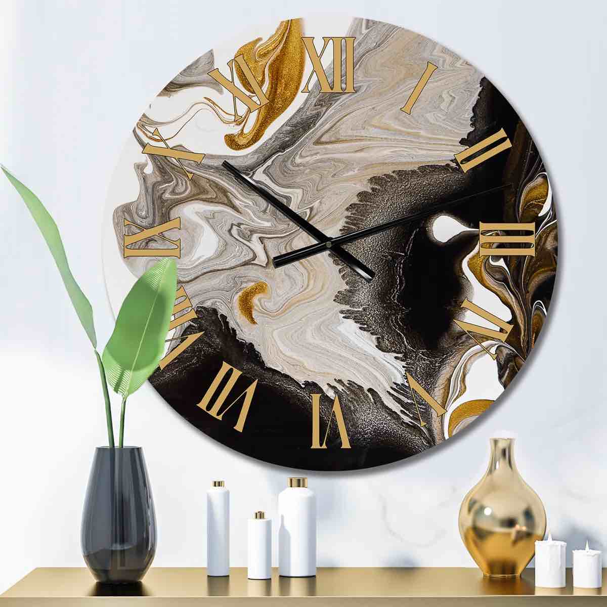 gold and black marble waves iv - modern wall clock