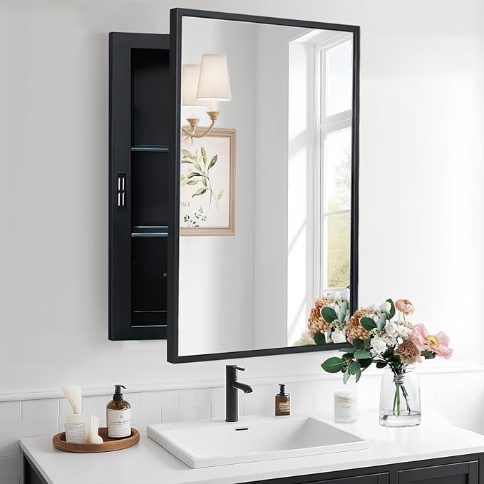 16X24 Inch Recessed Black Metal Framed Medicine Cabinet With Mirr