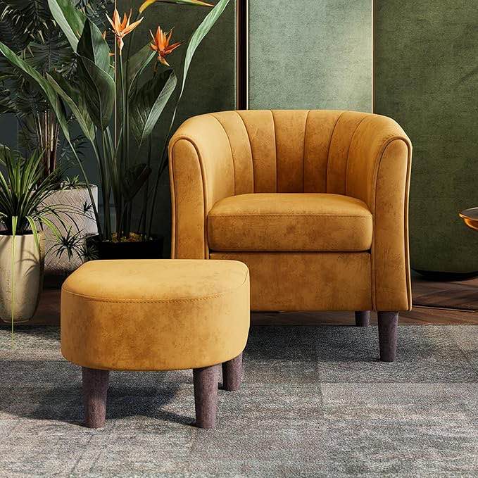 linsy accent chair with ottoman, modern barrel chair comfy armchair reading chair with footrest, round arms chair for living room bedroom reading room, velvet, yellow