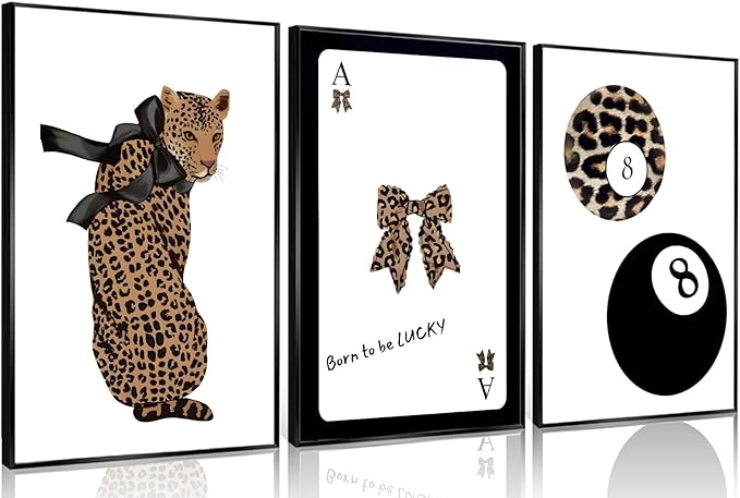 Set of 3 Trendy 8 Ball Leopard Wall Art Ace Card Bow Wall Decor Pictures Funky Born To Be Lucky Posters Prints Preppy Aesthetic Cheetah Room Decor for Girls Bedroom Apartment Dorm Unframed 12x16in