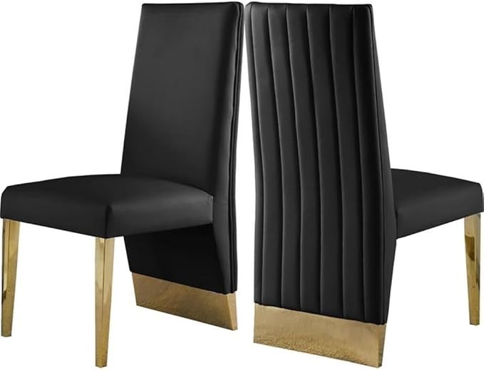 Meridian Furniture Porsha Collection Modern | Contemporary Dining Chair with Channel Tufted Back and Sturdy Metal Legs, Black Faux Leather Upholstered, 19.5" W x 27" D x 42" H