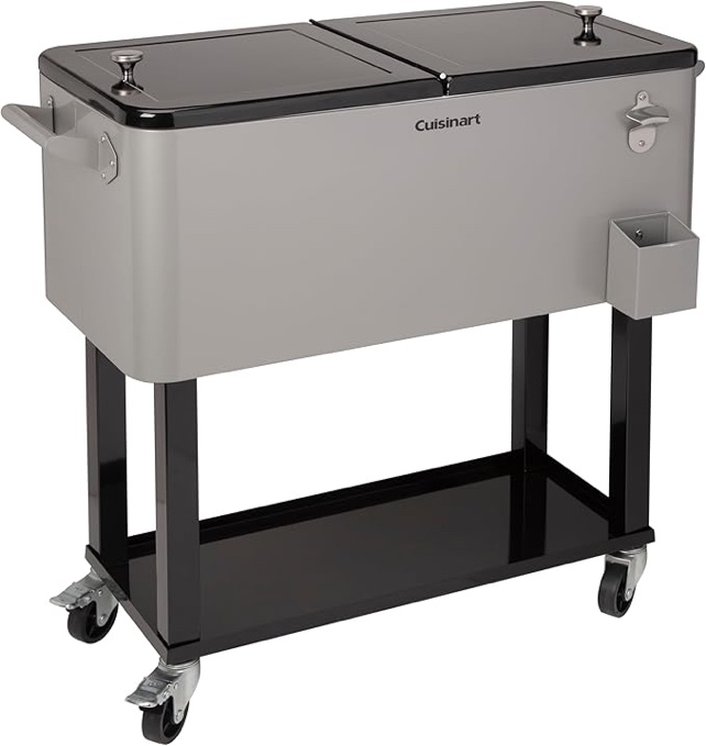 cuisinart 80 qt cooler cart, portable outdoor beverage cooler with storage shelf, bottle opener and cap collector, summer bbqs, cookouts and tailgates, 48 hour cold drinks, chill, fresh sodas and beer