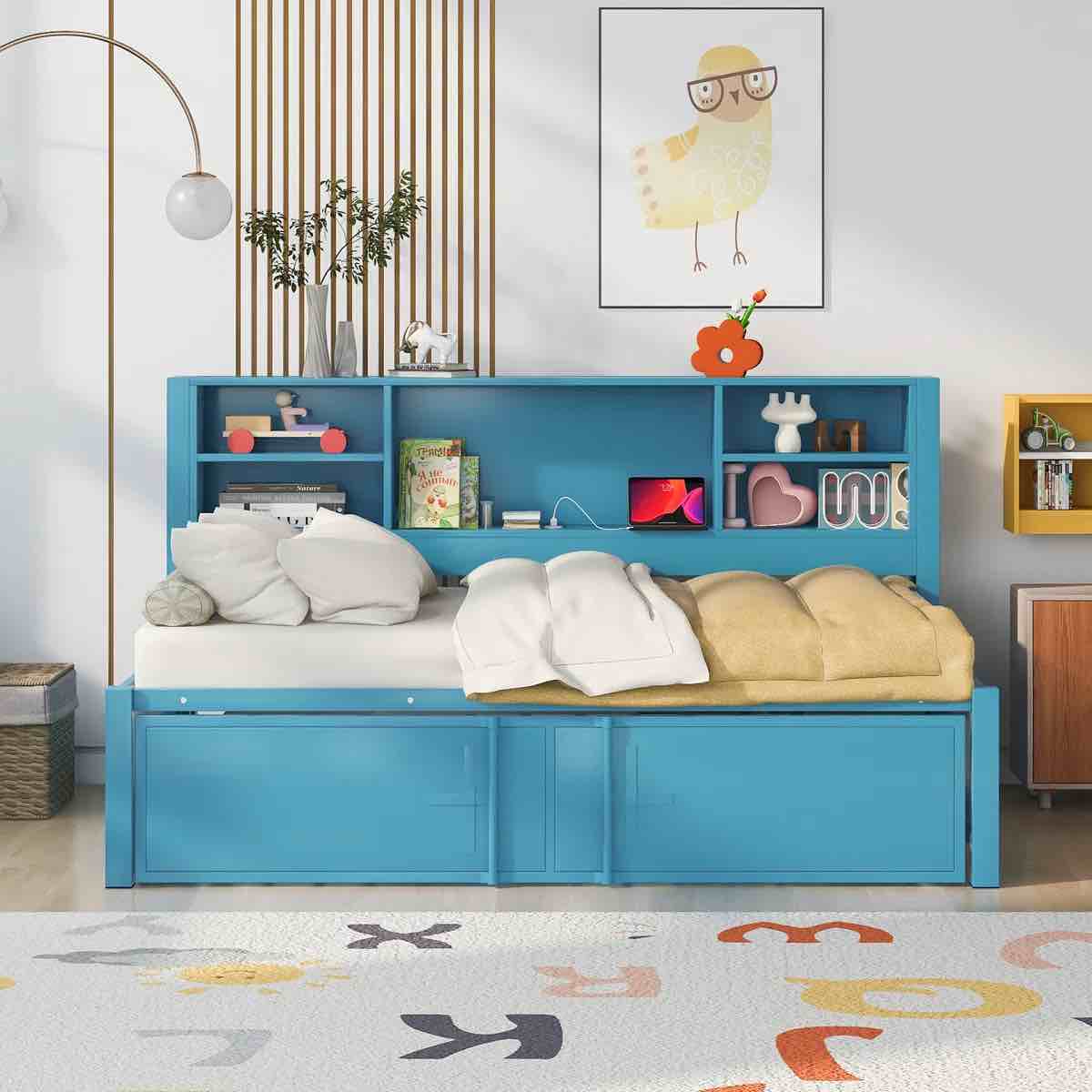 Avreigh Storage Daybed with Trundle,Metal Frame Platform Bed with Trundle and Shelves, USB Ports incomplete 