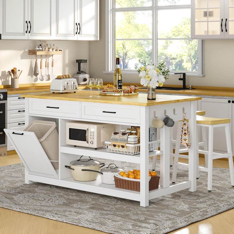 47" Sturdy Kitchen Island with Trash Can Storage, 2 Bar Stools, Power