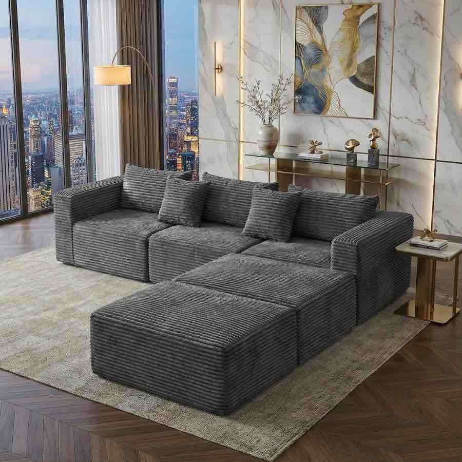 GRAW1003.144815544A U-shaped five - piece sofa set, striped fabric with a chaise lounge and