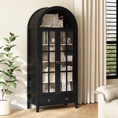 Kalaen 71"Arched Display Wood Cabinet with Tempered Gloss and M color black 