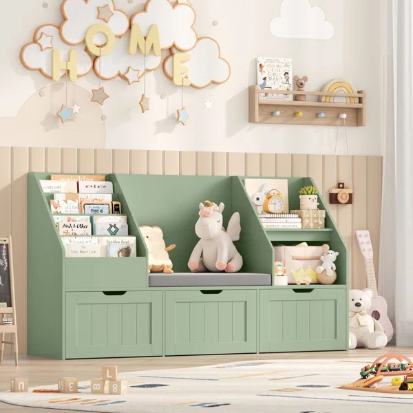 Gizoon Kids Bookshelf with Reading Nook, Kids Toy Storage Organizer with 3 Movable Drawers, Kids Reading Nook with Bench for Kidsroom Playroom and Bedroom,  color green 