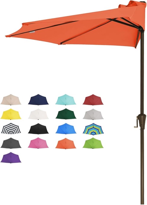 Pure Garden Half Umbrella Outdoor Patio Shade - 9 ft Patio Umbrella with Easy Crank - Small Canopy for Balcony, Table, or Deck
