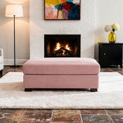  Upholstered Pink Square Corduroy Ottoman with Solid Wood Legs,
