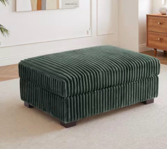 Upholstered Green Faux Rabbit Fur Flannel Rectangle Ottoman,