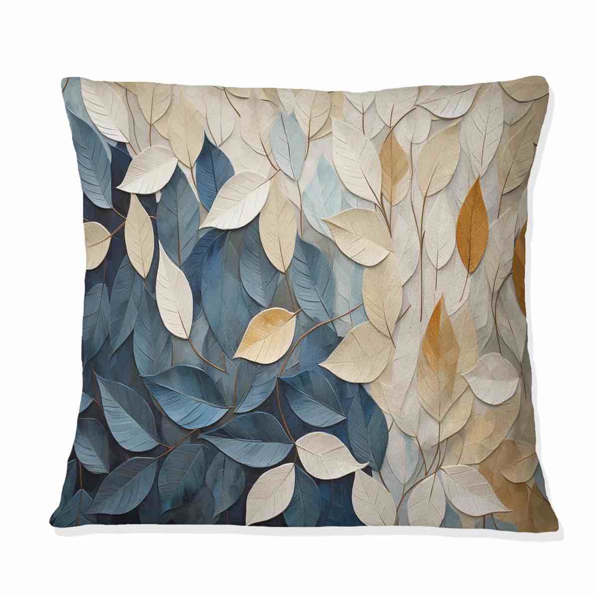 Beige And Blue Minimalism Leaves Collage - Leaves Printed Throw Pillow