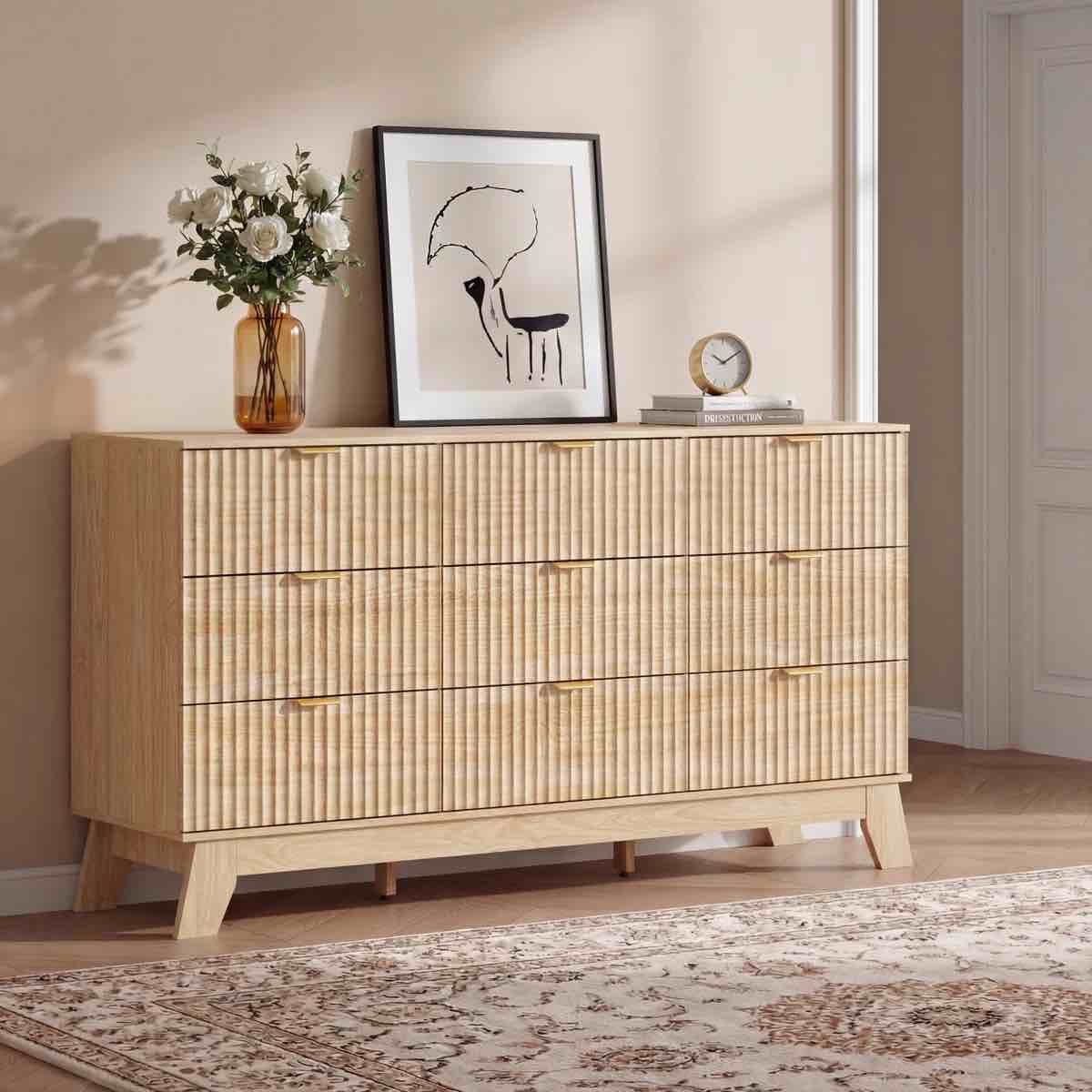fluted 9-drawer dresser 57''w wood wide chest of drawers with metal handle,adjustable feet incomplete